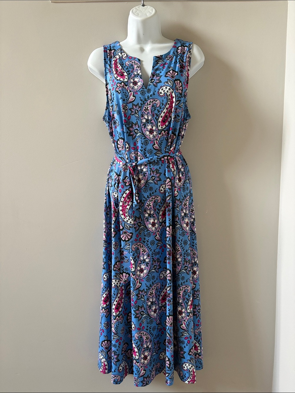 TALBOTS Blue Paisley Sleeveless Midi Dress with Tie Waist, Large